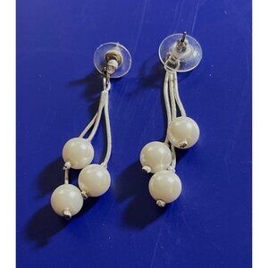 Triple Pearl Dangle Silver Tone Post Earrings